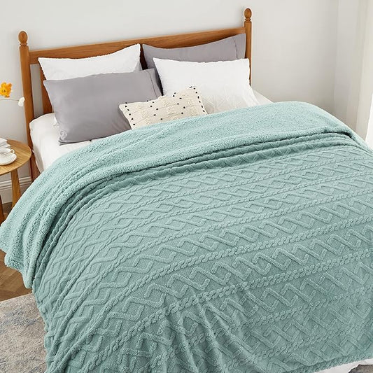 Bedsure Sherpa Queen Size Blanket for Bed - GentleSoft Fleece Fluffy & Cozy Cable Jacquard Tufted for Women Gift, Thick and Warm Blankets for Winter, Sage Green, 90x90 Inches