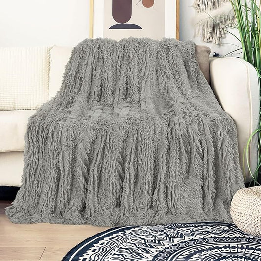 Tuddrom Decorative Extra Soft Faux Fur Blanket Queen Size 80"x90",Solid Reversible Fuzzy Fluffy Plush Fleece Comfy Microfiber Fur Blanket for Couch Sofa Bed,Quiet Grey