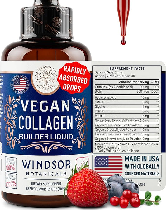 Vegan Collagen Builder Liquid Supplement - Collagen Booster with Vitamin C, Biotin, Hyaluronic Acid & Amino Acids - Organic Fruit & Vegetable Blend - 60ml, 30 Day