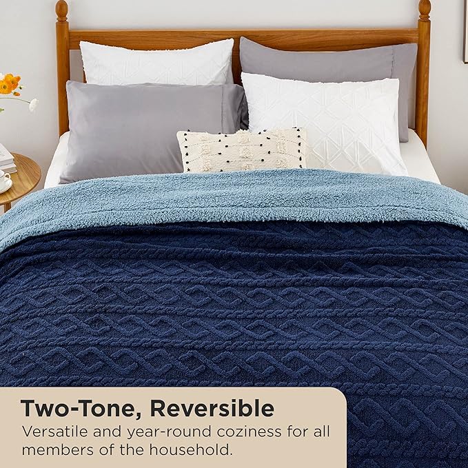 Bedsure Sherpa Queen Size Blanket for Bed - GentleSoft Fleece Fluffy & Cozy Cable Jacquard Tufted for Women Gift, Thick and Warm Blankets for Winter, Navy, 90x90 Inches