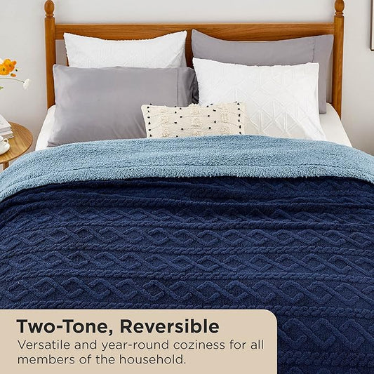 Bedsure Sherpa Queen Size Blanket for Bed - GentleSoft Fleece Fluffy & Cozy Cable Jacquard Tufted for Women Gift, Thick and Warm Blankets for Winter, Navy, 90x90 Inches