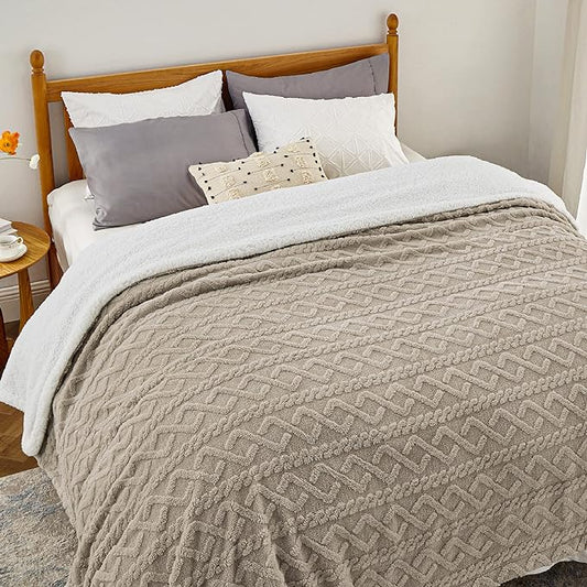 Bedsure Sherpa Queen Size Blanket for Bed - GentleSoft Fleece Fluffy & Cozy Cable Jacquard Tufted for Women Gift, Thick and Warm Blankets for Winter, Beige, 90x90 Inches
