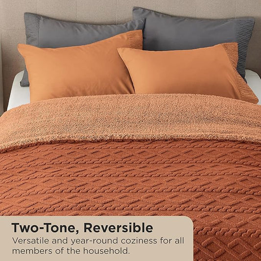 Bedsure Sherpa King Size Blanket for Bed- GentleSoft Fleece Fluffy & Cozy Cable Jacquard Tufted for Women Gift, Thick and Warm Blankets for Winter, Orange, 108x90 Inches