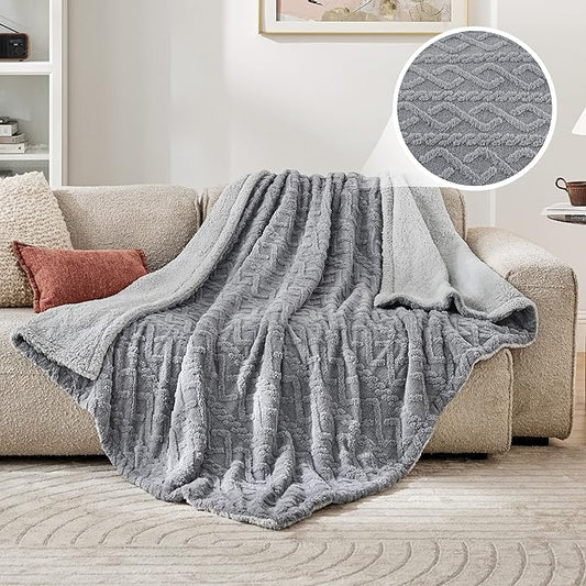 Bedsure Sherpa Fleece Throw Blanket for Couch - GentleSoft Fluffy & Cozy Cable Jacquard Tufted Throw for Women Gift, Thick and Warm Blankets for Winter, Grey, 50x60 Inches