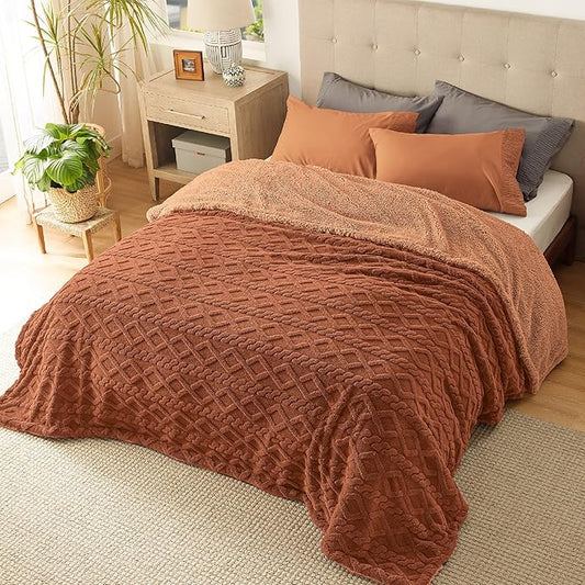 Bedsure Sherpa Queen Size Blanket for Bed - GentleSoft Fleece Fluffy & Cozy Cable Jacquard Tufted for Women Gift, Thick and Warm Blankets for Winter, Orange, 90x90 Inches