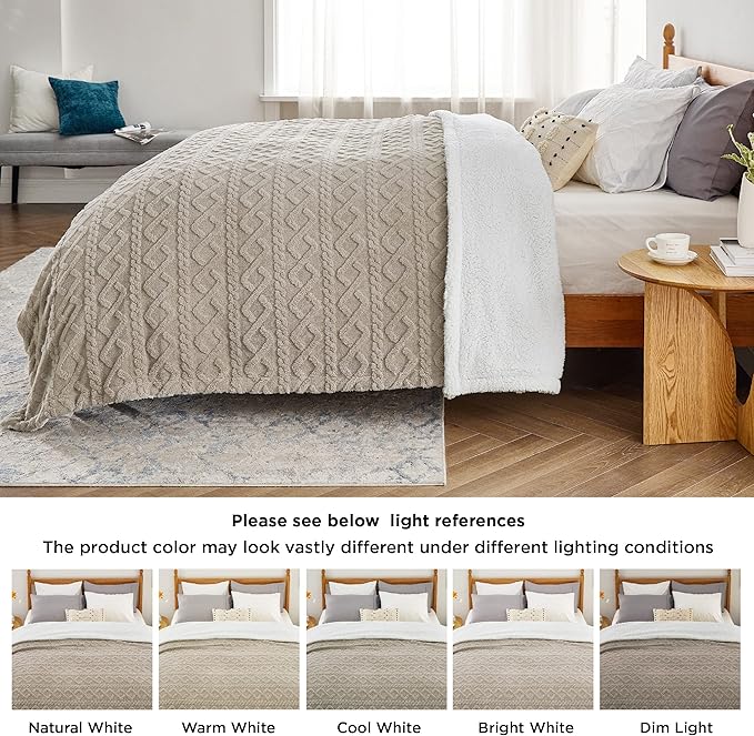 Bedsure Sherpa Fleece Throw Blanket for Couch - Soft Fluffy & Cozy Cable Jacquard Tufted Throw Blankets for Women Gift, Thick Warm Blanket for Winter and All Seasons, Beige, 50x60 Inches