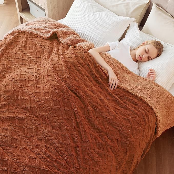 Bedsure Sherpa Fleece Throw Blanket for Couch - GentleSoft Fluffy & Cozy Cable Jacquard Tufted Throw for Women Gift, Thick and Warm Blankets for Winter, Orange, 50x60 Inches