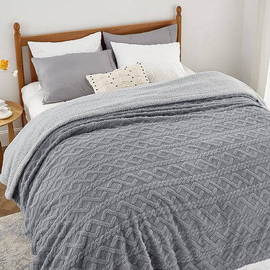 Bedsure Sherpa Queen Size Blanket for Bed - Fleece Soft Fluffy & Cozy Cable Jacquard Tufted Throw Blankets for Women Gift, Thick Warm for Winter and All Seasons, Grey, 90x90 Inches
