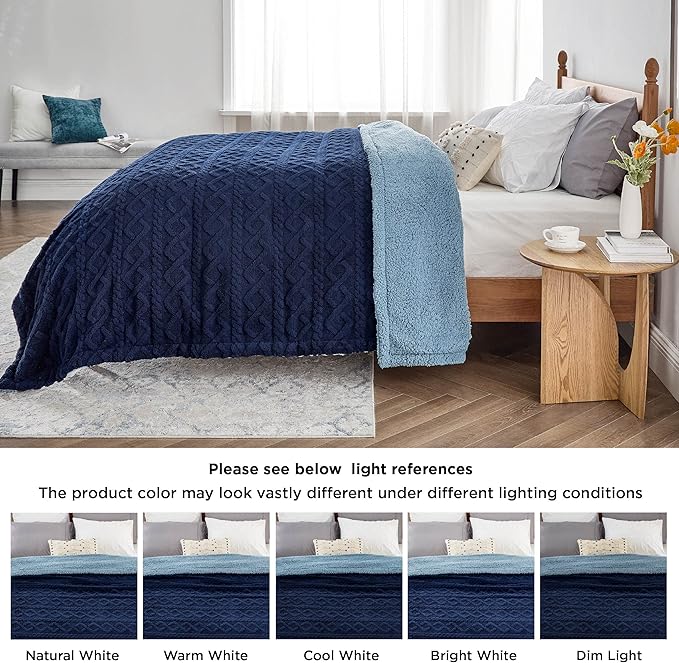 Bedsure Sherpa Queen Size Blanket for Bed - GentleSoft Fleece Fluffy & Cozy Cable Jacquard Tufted for Women Gift, Thick and Warm Blankets for Winter, Navy, 90x90 Inches